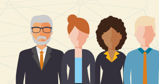 Cartoon image of 4 coworkers who appear to be from diverse generations and backgrounds.