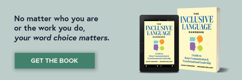 ad featuring the inclusive language handbook cover