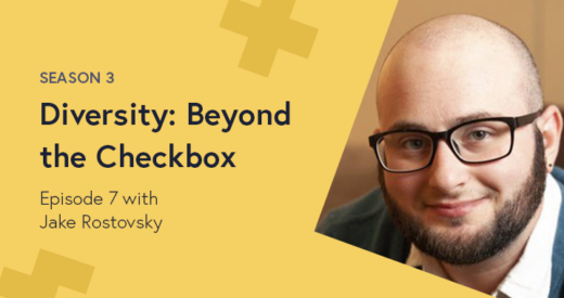 Jake Rostovsky headshot on a Diversity: Beyond the Checkbox podcast graphic