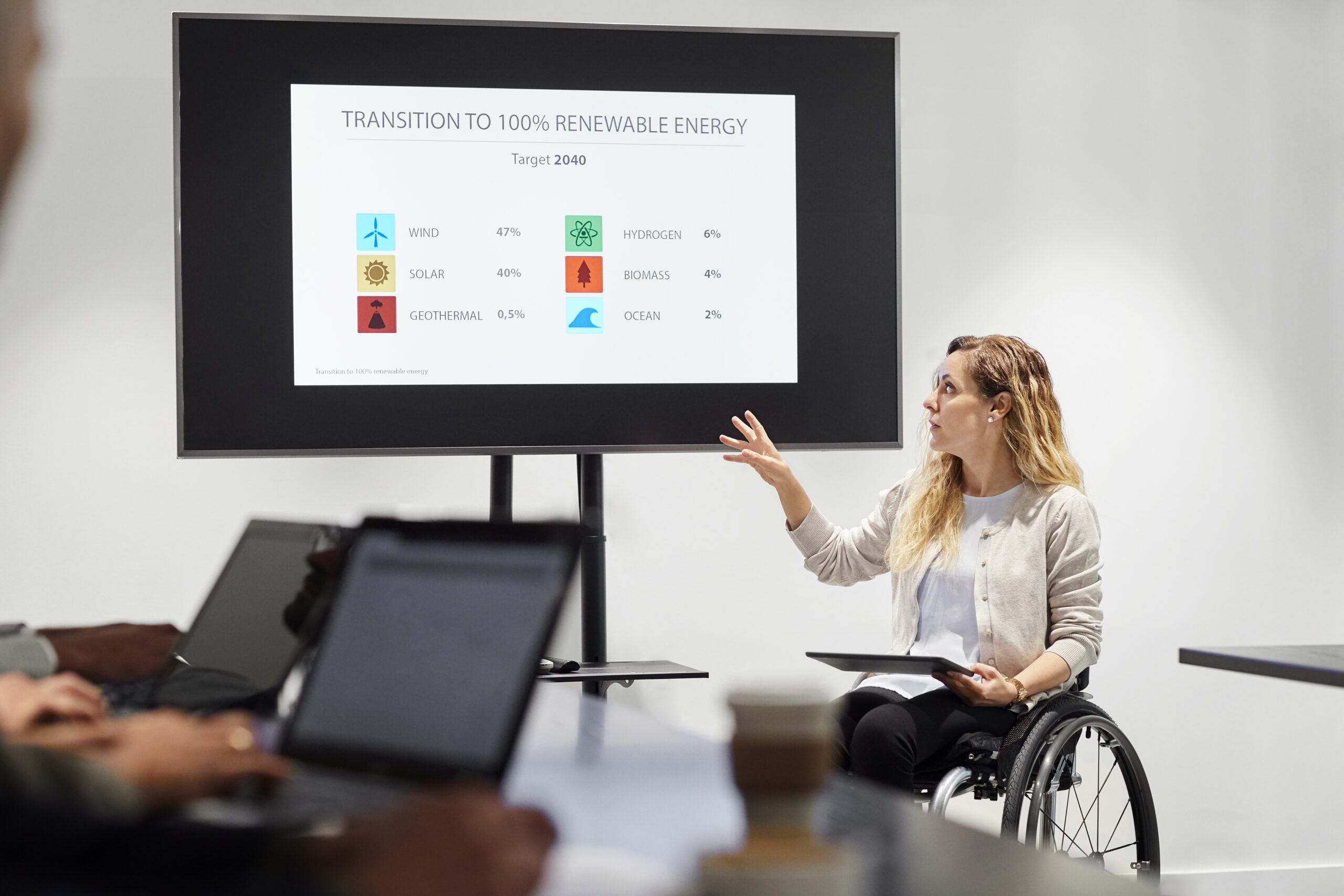 Confident businesswoman on wheelchair explaining presentation. Disabled female executive is gesturing while looking at screen. She is in smart casuals at board room in office.