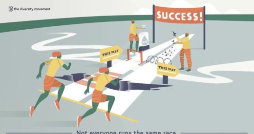 Illustration of people running in a race with different obstacles in their paths