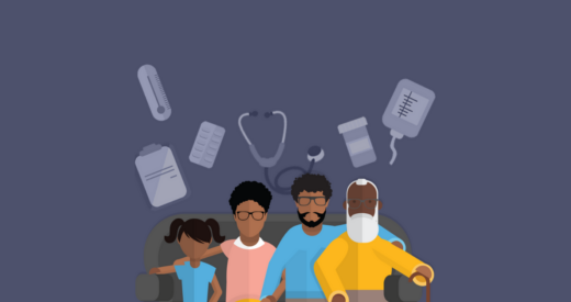 Animated family sitting together with health instruments in the background