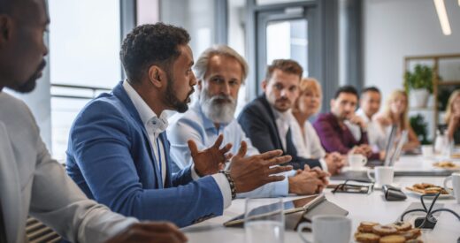 Determined African businessman expressing opinions to junior and senior colleagues on management team in conference room.