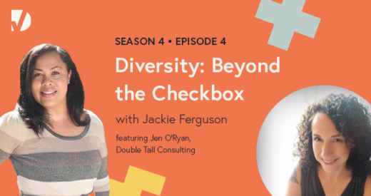 Jackie and Jen headshots on a podcast episode graphic