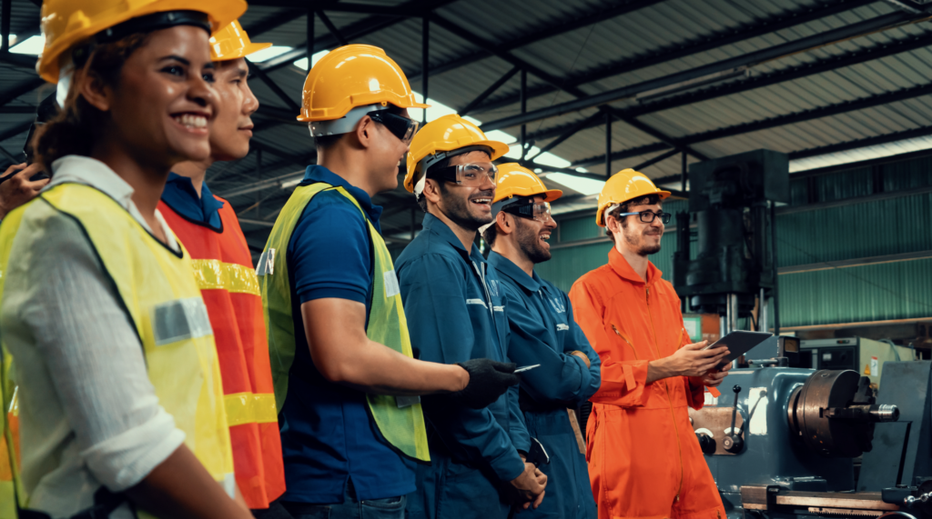 Group of laughing. happy warehouse workers