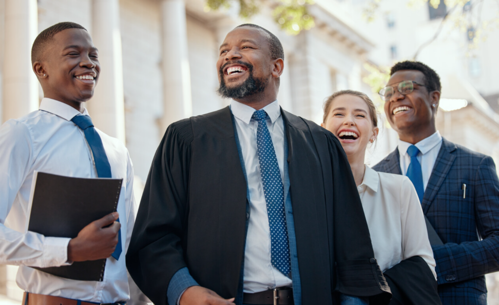 Shot of a group of lawyers standing in the city stock photo