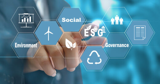 Sustainable business investment concept (Environmental, Social, Governance: ESG).Hand touching icon business virtual on screen.