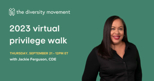 Jackie Ferguson headshot on a 2023 virtual privilege walk graphic