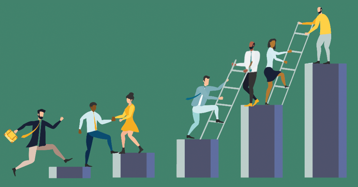 Business mentor helps improve, holding stairs steps, mentorship, upskills, climb help, self development strategy flat. stock illustration