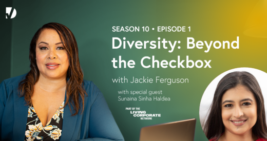 Jackie Ferguson prepares to speak to Sunaina Sinha Haldea, the next guest on, 'Diversity: Beyond the Checkbox.'
