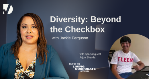 Jackie Ferguson prepares to speak to Arjun Sharda, the next guest on, 'Diversity: Beyond the Checkbox.'
