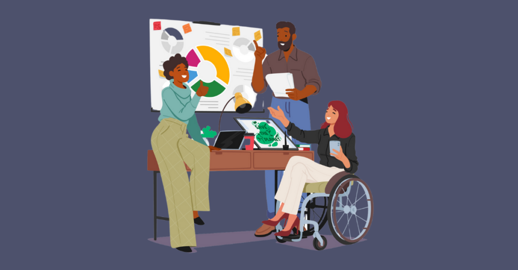 Diverse, Capable Characters With Disabilities Contribute To The Office Environment. Adapted Workspaces And Inclusive Practices Foster A Collaborative Atmosphere, Emphasizing Abilities Over Limitations