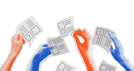 The election voting process, bidding, hands raised up with papers. Sale and buy concept in retro collage halftone style. Isolated vector illustration. stock illustration