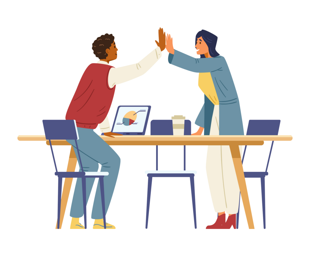 Business colleagues celebrates successful project flat vector illustration. African american man and woman coworkers giving hight five. Isolated.