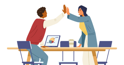 Business colleagues celebrates successful project flat vector illustration. African american man and woman coworkers giving hight five. Isolated.