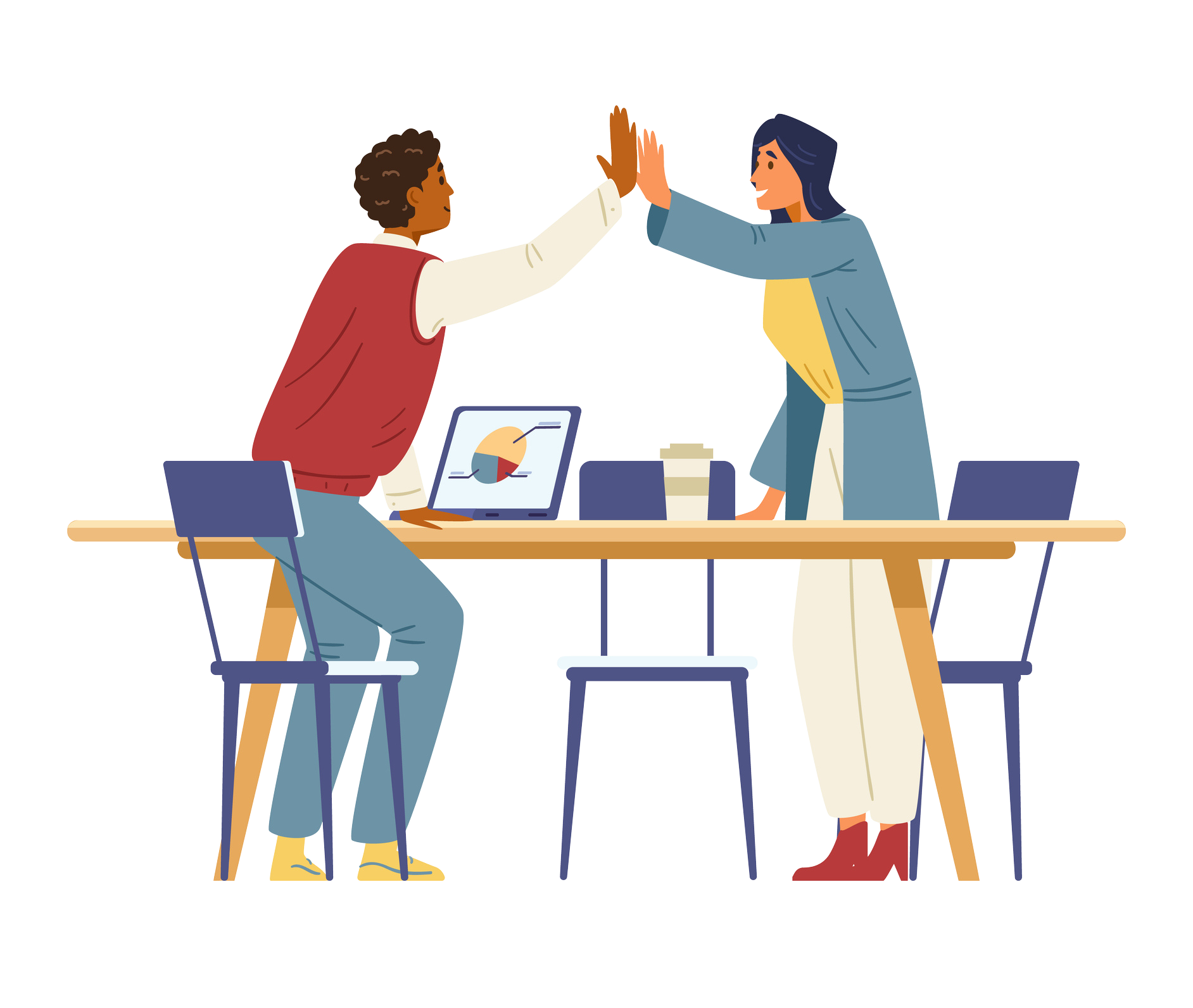 Business colleagues celebrates successful project flat vector illustration. African american man and woman coworkers giving hight five. Isolated.