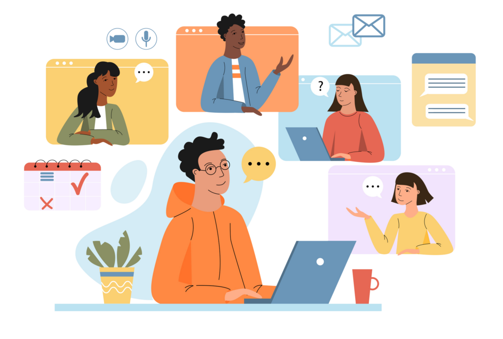 Young man on online meeting, video conference working on a laptop with colleagues or friends. Desktop team chatting vector illustration.