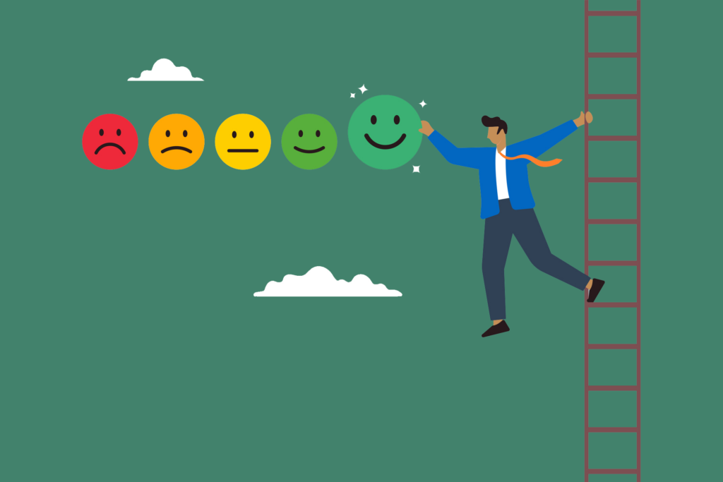 Young man on the ladder giving employee engagement rating with smile emoticons stock illustration