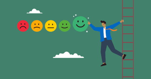 Young man on the ladder giving employee engagement rating with smile emoticons stock illustration