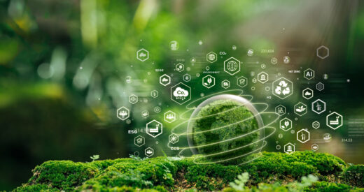 Green globe on the moss in the green forest Environmental concept, ecology and sustainable environment of the world. Icons scattered around green globe