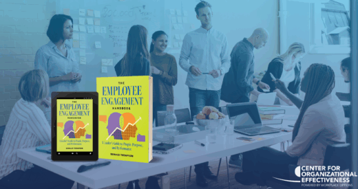 The Employee Engagement Handbook in the foreground and a corporate team in the background.